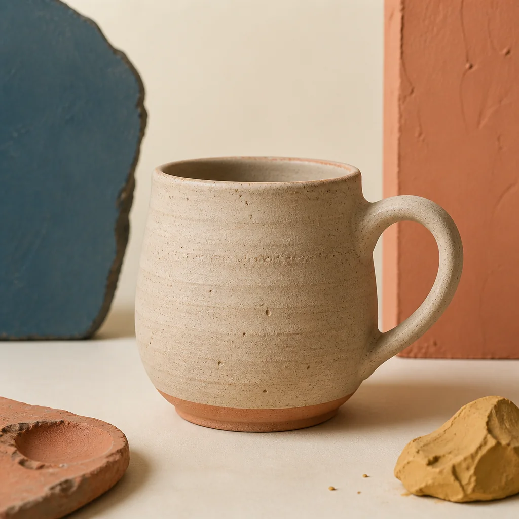 Estudio de la galería de Estilos: taza de cerámica en una escena de arcilla artesanal.